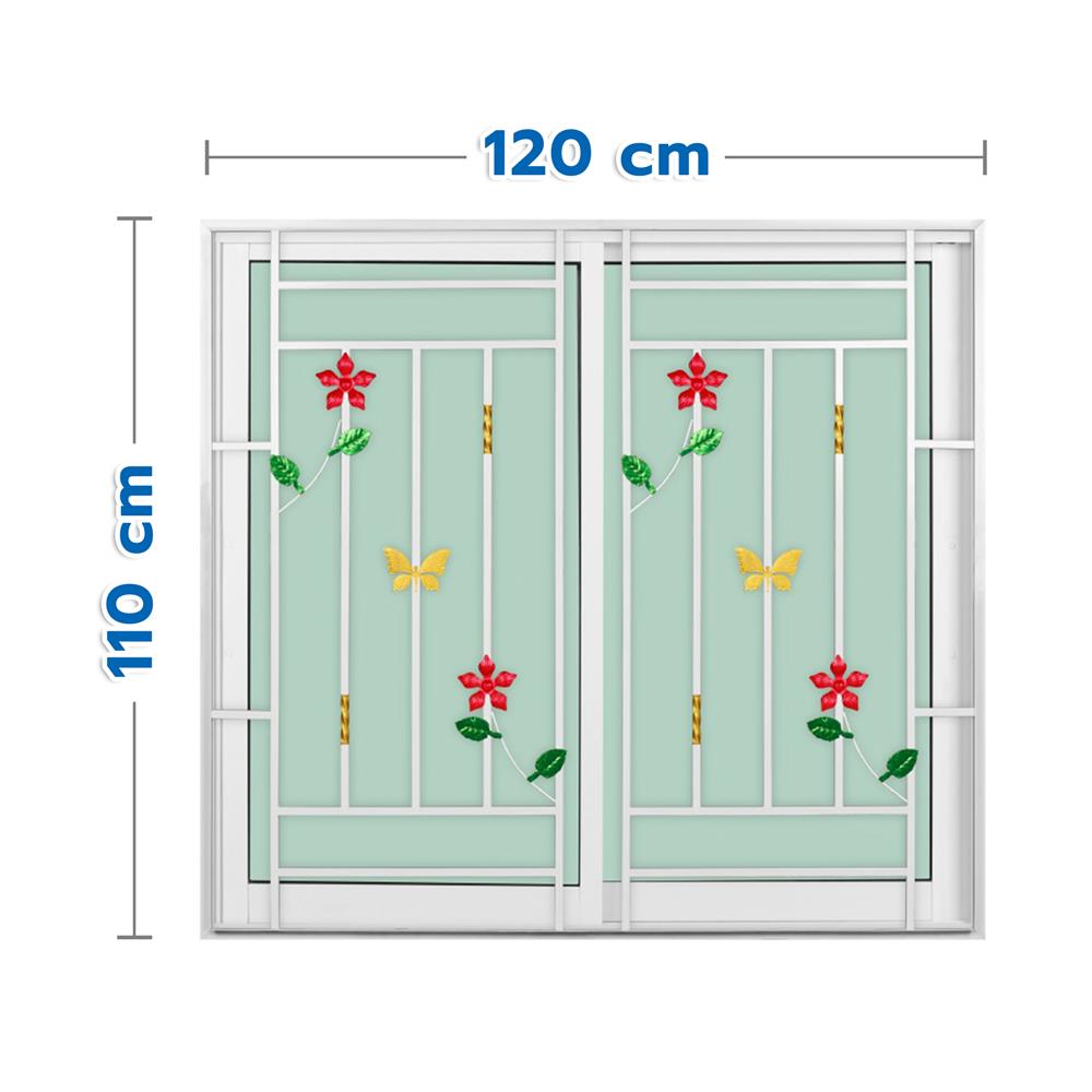หน้าต่างบานเลื่อนอะลูมิเนียม พร้อมมุ้งลวดและเหล็กดัด S-S KPA ดอกไม้แดง 120x110 ซม. สีขาว