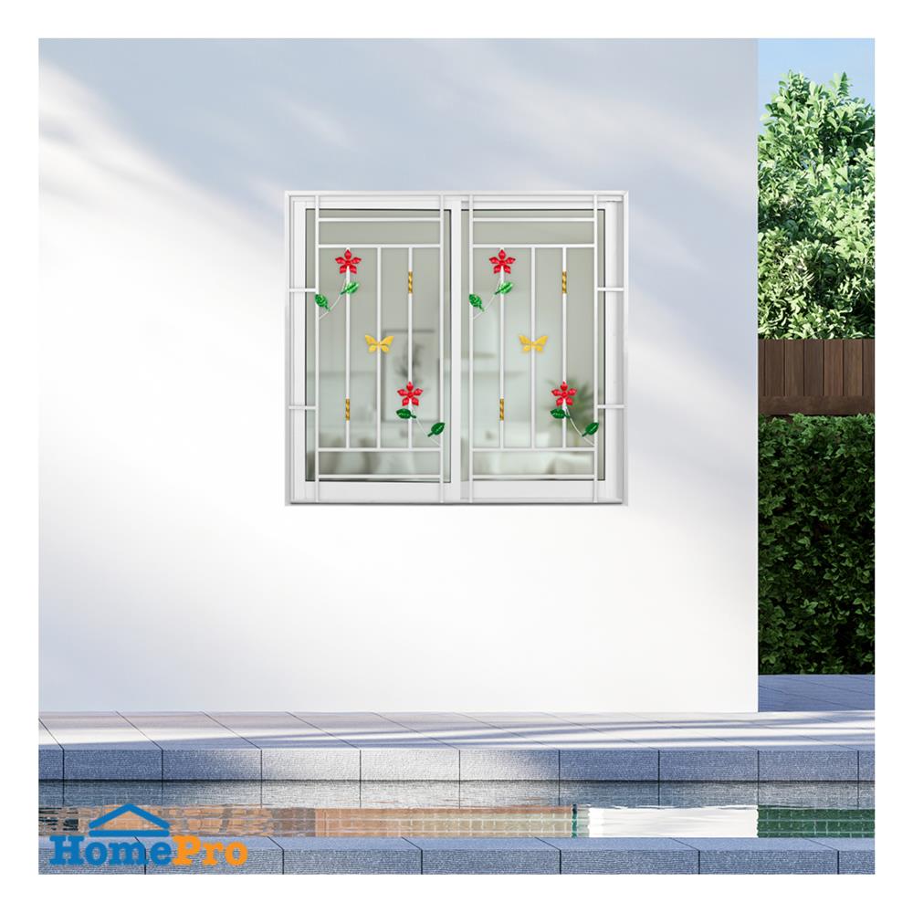 หน้าต่างบานเลื่อนอะลูมิเนียม พร้อมมุ้งลวดและเหล็กดัด S-S KPA ดอกไม้แดง 120x110 ซม. สีขาว