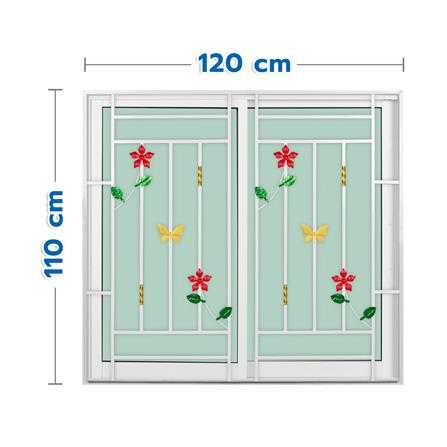 หน้าต่างบานเลื่อนอะลูมิเนียม พร้อมมุ้งลวดและเหล็กดัด S-S KPA ดอกไม้แดง 120x110 ซม. สีขาว