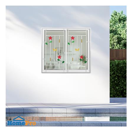 หน้าต่างบานเลื่อนอะลูมิเนียม พร้อมมุ้งลวดและเหล็กดัด S-S KPA ดอกไม้แดง 120x110 ซม. สีขาว_2