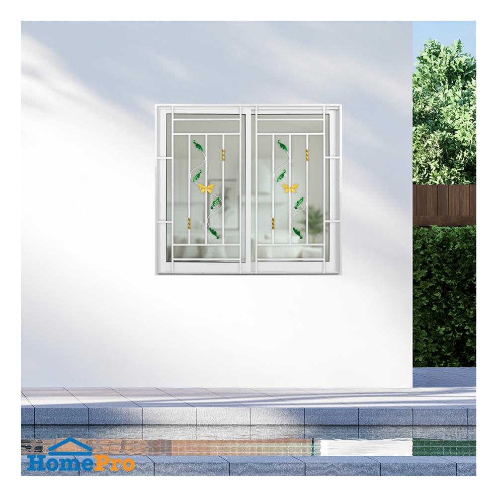 หน้าต่างบานเลื่อนอะลูมิเนียม พร้อมมุ้งลวดและเหล็กดัด S-S KPA ผีเสื้อ 120x110 ซม. สีขาว