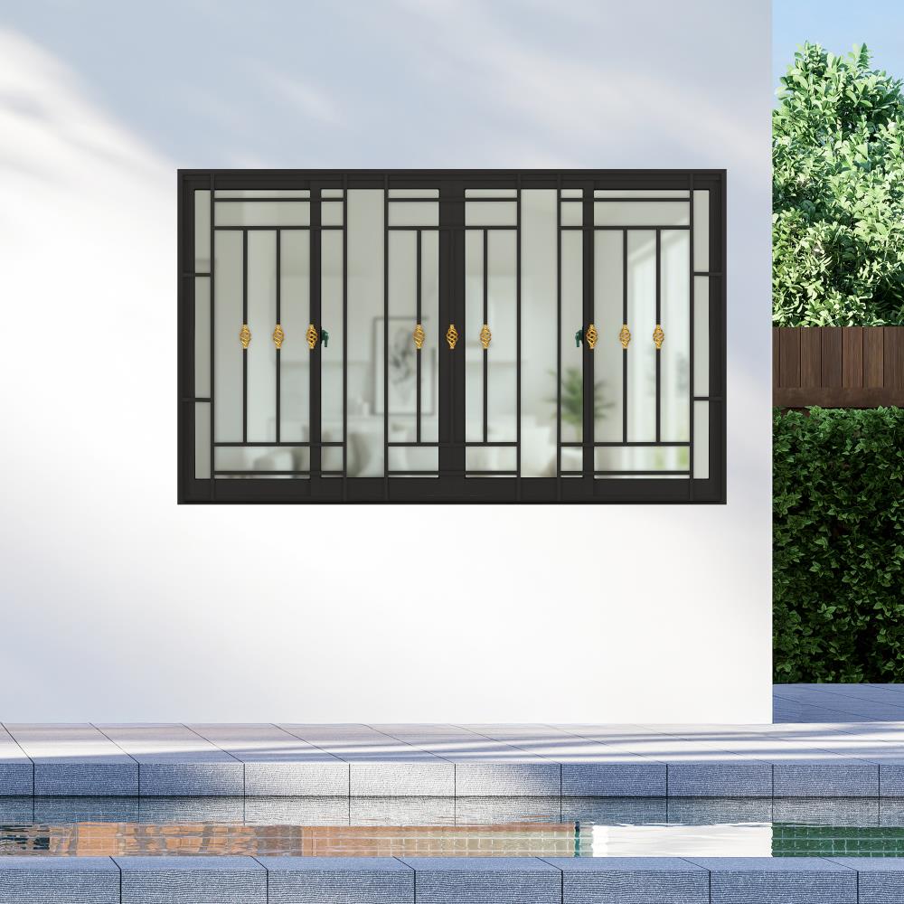 หน้าต่างบานเลื่อนอะลูมิเนียม พร้อมมุ้งลวดและเหล็กดัด F-S-S-F KPA โมเดิร์นหลุยส์ 180x110 ซม. สีดำ