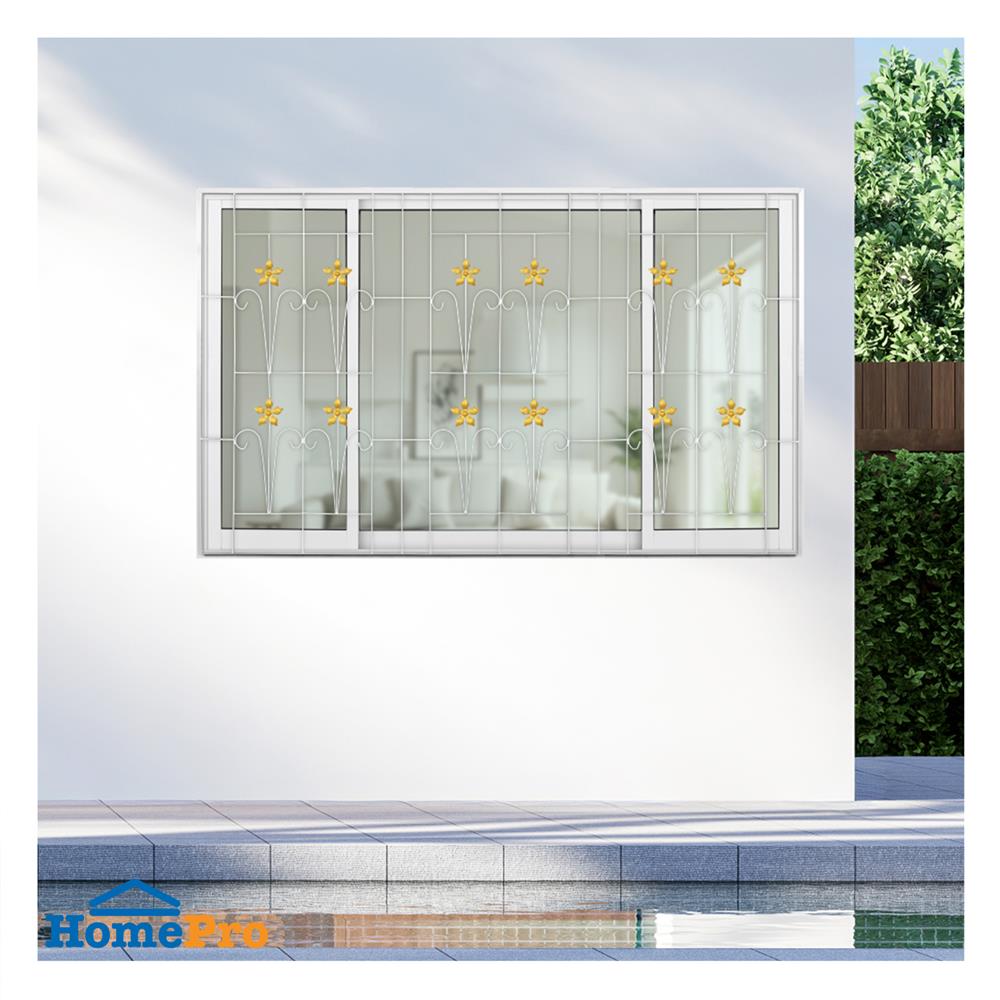 หน้าต่างบานเลื่อนอะลูมิเนียม พร้อมมุ้งลวดและเหล็กดัด S-F-S KPA ดอกไม้ทอง 180x110 ซม. สีขาว