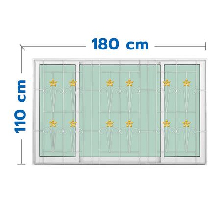 หน้าต่างบานเลื่อนอะลูมิเนียม พร้อมมุ้งลวดและเหล็กดัด S-F-S KPA ดอกไม้ทอง 180x110 ซม. สีขาว