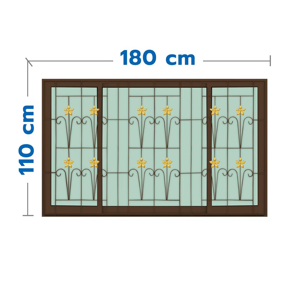 หน้าต่างบานเลื่อนอะลูมิเนียม พร้อมมุ้งลวดและเหล็กดัด S-F-S KPA ดอกไม้ทอง 180x110 ซม. สีชา