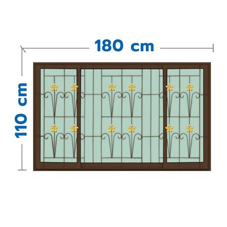 หน้าต่างบานเลื่อนอะลูมิเนียม พร้อมมุ้งลวดและเหล็กดัด S-F-S KPA ดอกไม้ทอง 180x110 ซม. สีชา_0