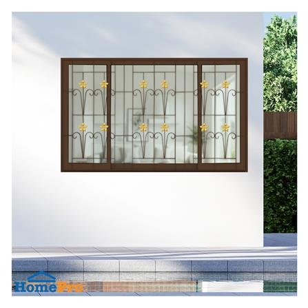 หน้าต่างบานเลื่อนอะลูมิเนียม พร้อมมุ้งลวดและเหล็กดัด S-F-S KPA ดอกไม้ทอง 180x110 ซม. สีชา_2