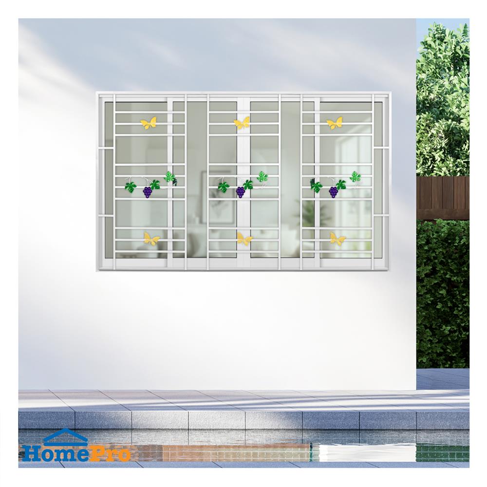 หน้าต่างบานเลื่อนอะลูมิเนียม พร้อมมุ้งลวดและเหล็กดัด F-S-S-F KPA พวงองุ่น 180x110 ซม. สีขาว