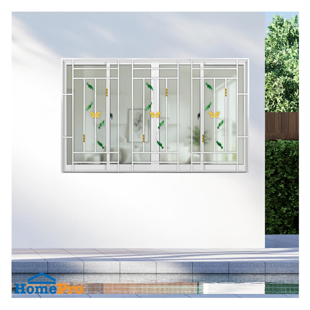 หน้าต่างบานเลื่อนอะลูมิเนียม พร้อมมุ้งลวดและเหล็กดัด F-S-S-F KPA ผีเสื้อ 180x110 ซม. สีขาว