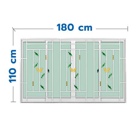 หน้าต่างบานเลื่อนอะลูมิเนียม พร้อมมุ้งลวดและเหล็กดัด F-S-S-F KPA ผีเสื้อ 180x110 ซม. สีขาว