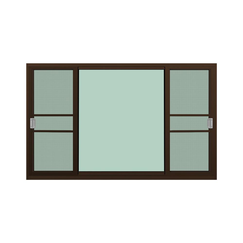 หน้าต่างบานเลื่อนอะลูมิเนียม พร้อมมุ้งลวดและเหล็กดัด S-F-S KPA ดอกไม้แดง 180x110 ซม. สีชา