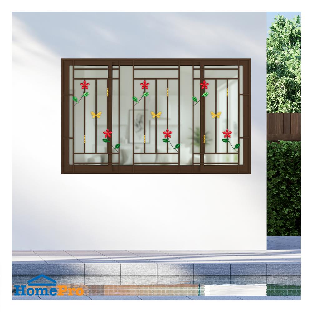 หน้าต่างบานเลื่อนอะลูมิเนียม พร้อมมุ้งลวดและเหล็กดัด S-F-S KPA ดอกไม้แดง 180x110 ซม. สีชา