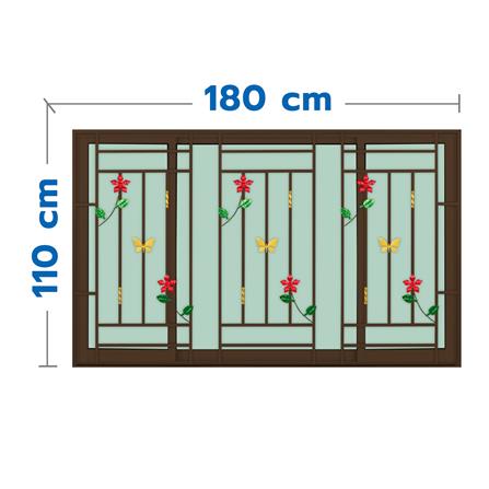หน้าต่างบานเลื่อนอะลูมิเนียม พร้อมมุ้งลวดและเหล็กดัด S-F-S KPA ดอกไม้แดง 180x110 ซม. สีชา_0