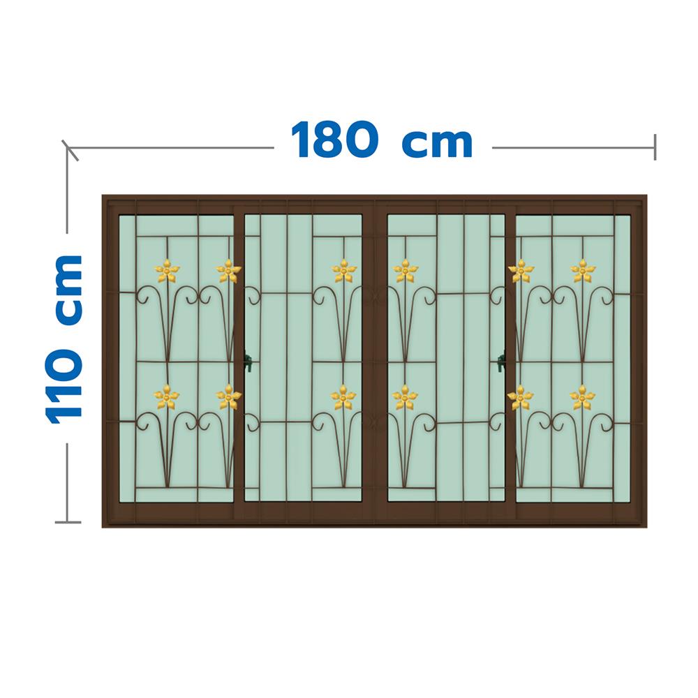 หน้าต่างบานเลื่อนอะลูมิเนียม พร้อมมุ้งลวดและเหล็กดัด F-S-S-F KPA ดอกไม้ทอง 180x110 ซม. สีชา