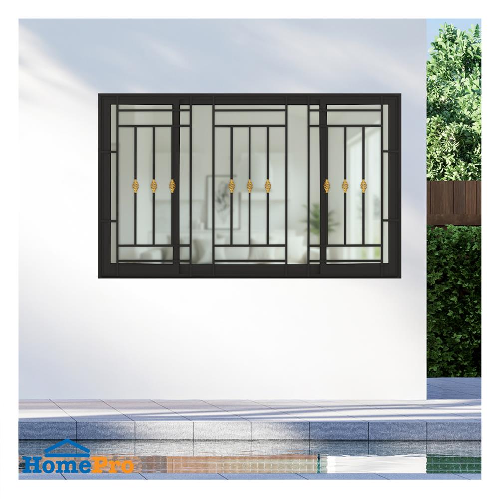 หน้าต่างบานเลื่อนอะลูมิเนียม พร้อมมุ้งลวดและเหล็กดัด S-F-S KPA โมเดิร์นหลุยส์ 180x110 ซม. สีดำ