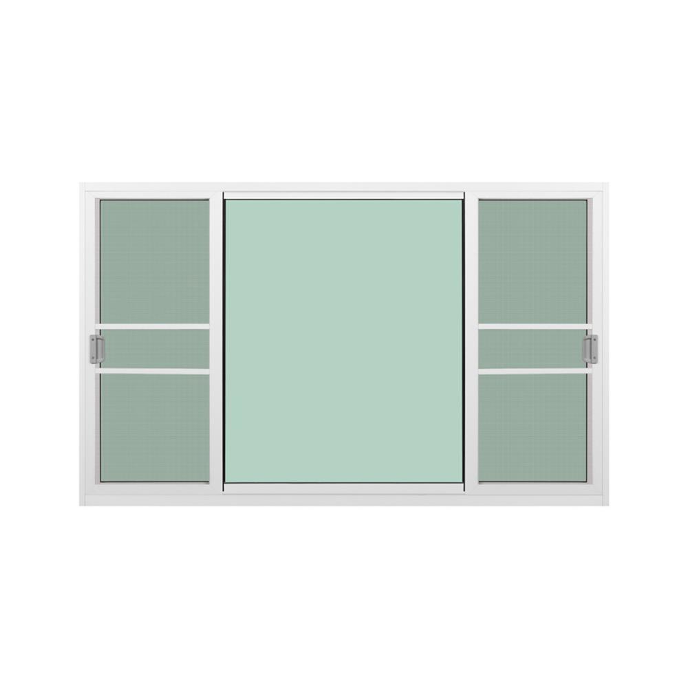 หน้าต่างบานเลื่อนอะลูมิเนียม พร้อมมุ้งลวดและเหล็กดัด S-F-S KPA ดอกไม้แดง 180x110 ซม. สีขาว