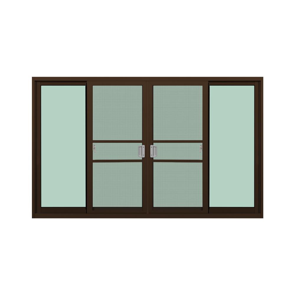 หน้าต่างบานเลื่อนอะลูมิเนียม พร้อมมุ้งลวดและเหล็กดัด F-S-S-F KPA ดอกไม้แดง 180x110 ซม. สีชา