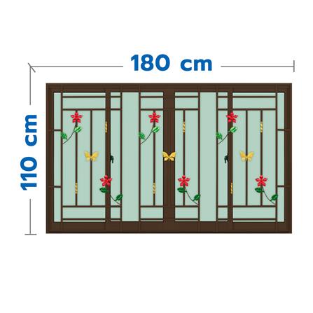 หน้าต่างบานเลื่อนอะลูมิเนียม พร้อมมุ้งลวดและเหล็กดัด F-S-S-F KPA ดอกไม้แดง 180x110 ซม. สีชา