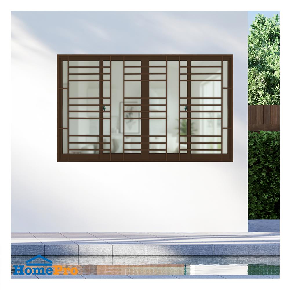 หน้าต่างบานเลื่อนอะลูมิเนียม พร้อมมุ้งลวดและเหล็กดัด F-S-S-F KPA โมเดิร์น 180x110 ซม. สีชา
