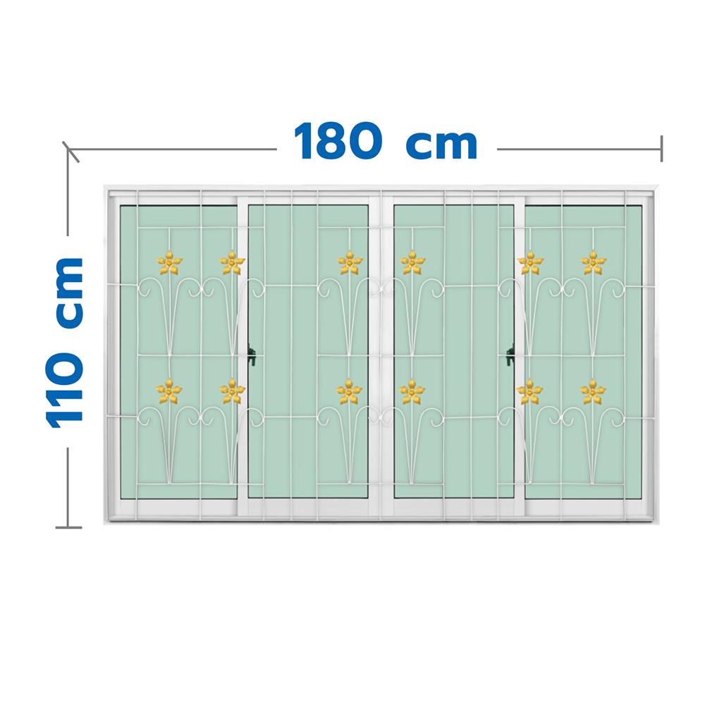 หน้าต่างบานเลื่อนอะลูมิเนียม พร้อมมุ้งลวดและเหล็กดัด F-S-S-F KPA ดอกไม้ทอง 180x110 ซม. สีขาว