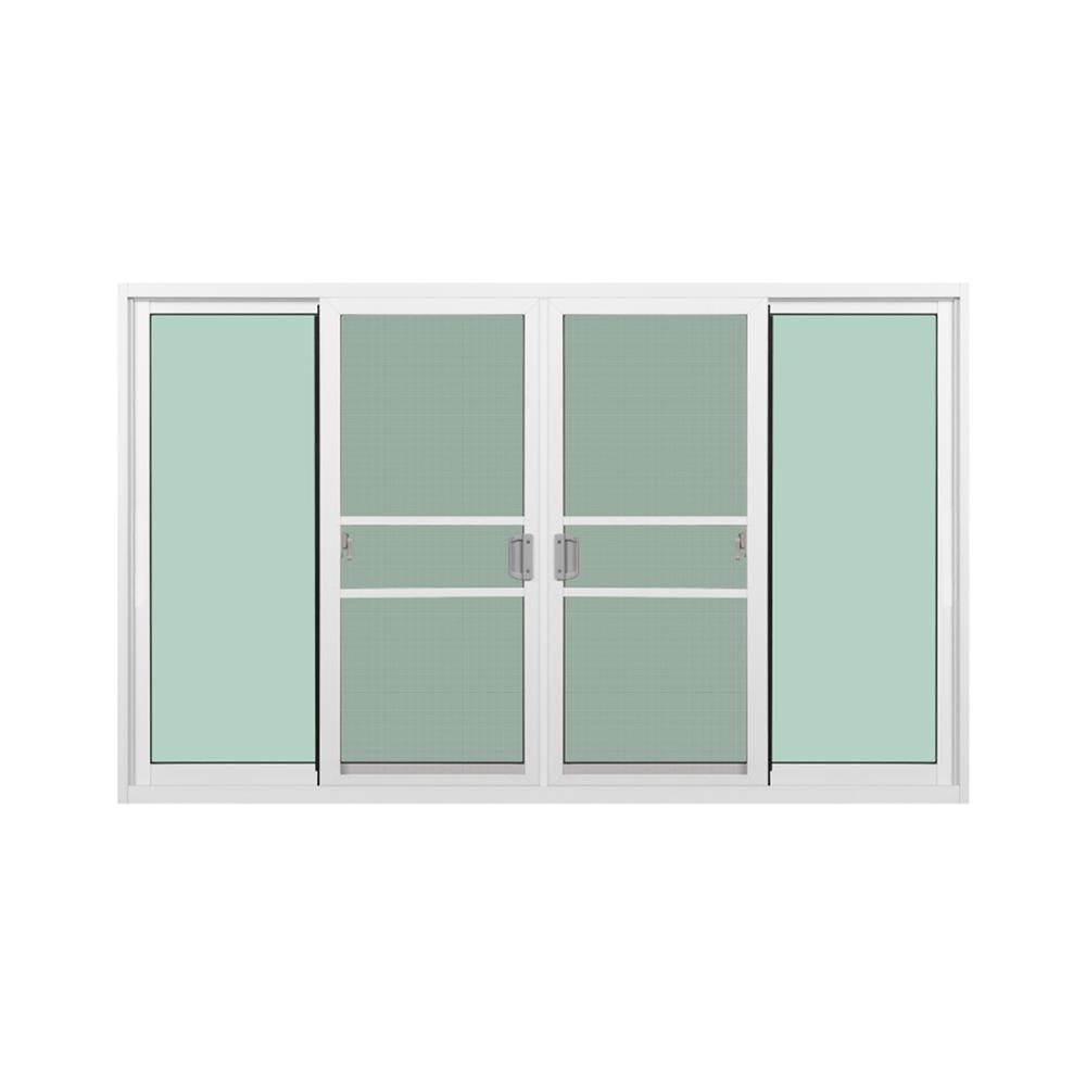 หน้าต่างบานเลื่อนอะลูมิเนียม พร้อมมุ้งลวดและเหล็กดัด F-S-S-F KPA ดอกไม้ทอง 180x110 ซม. สีขาว