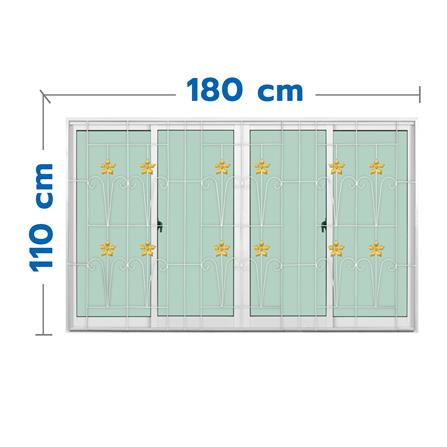 หน้าต่างบานเลื่อนอะลูมิเนียม พร้อมมุ้งลวดและเหล็กดัด F-S-S-F KPA ดอกไม้ทอง 180x110 ซม. สีขาว_0