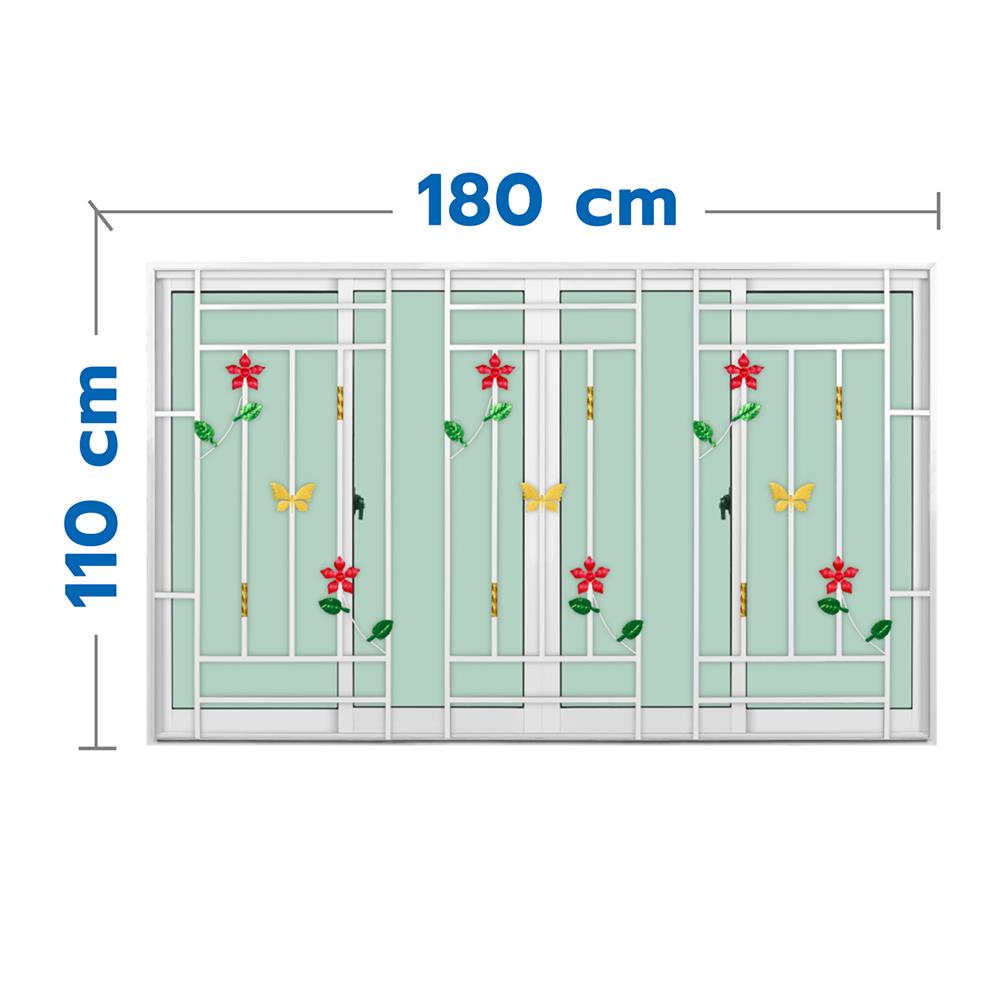 หน้าต่างบานเลื่อนอะลูมิเนียม พร้อมมุ้งลวดและเหล็กดัด F-S-S-F KPA ดอกไม้แดง 180x110 ซม. สีขาว