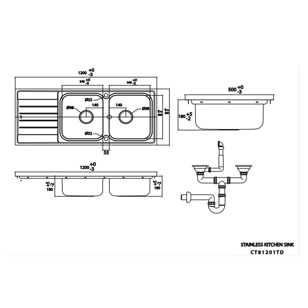ซิงค์ฝัง 2 หลุม 1 ที่พัก COTTO CT81201TD 120 ซม. สีเงิน