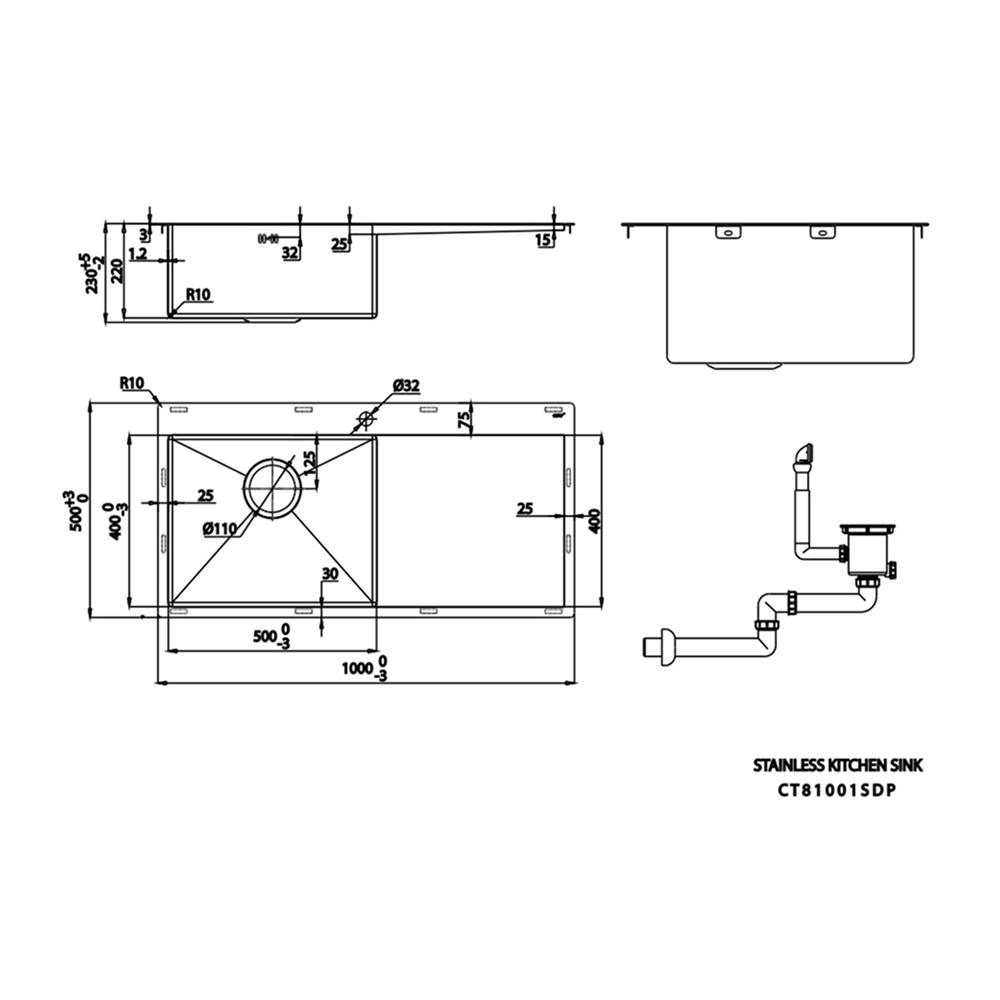 ซิงค์ฝัง 1 หลุม 1 ที่พัก COTTO CT81001SDP 100 ซม. สีเงิน