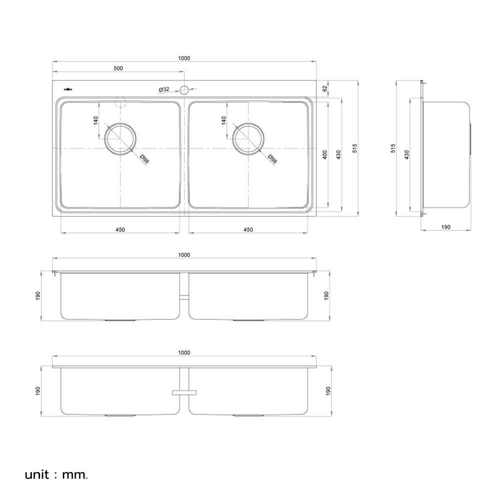 ซิงค์ฝัง 2 หลุม MEX BIX100BM-MF 100 ซม. สีเงิน