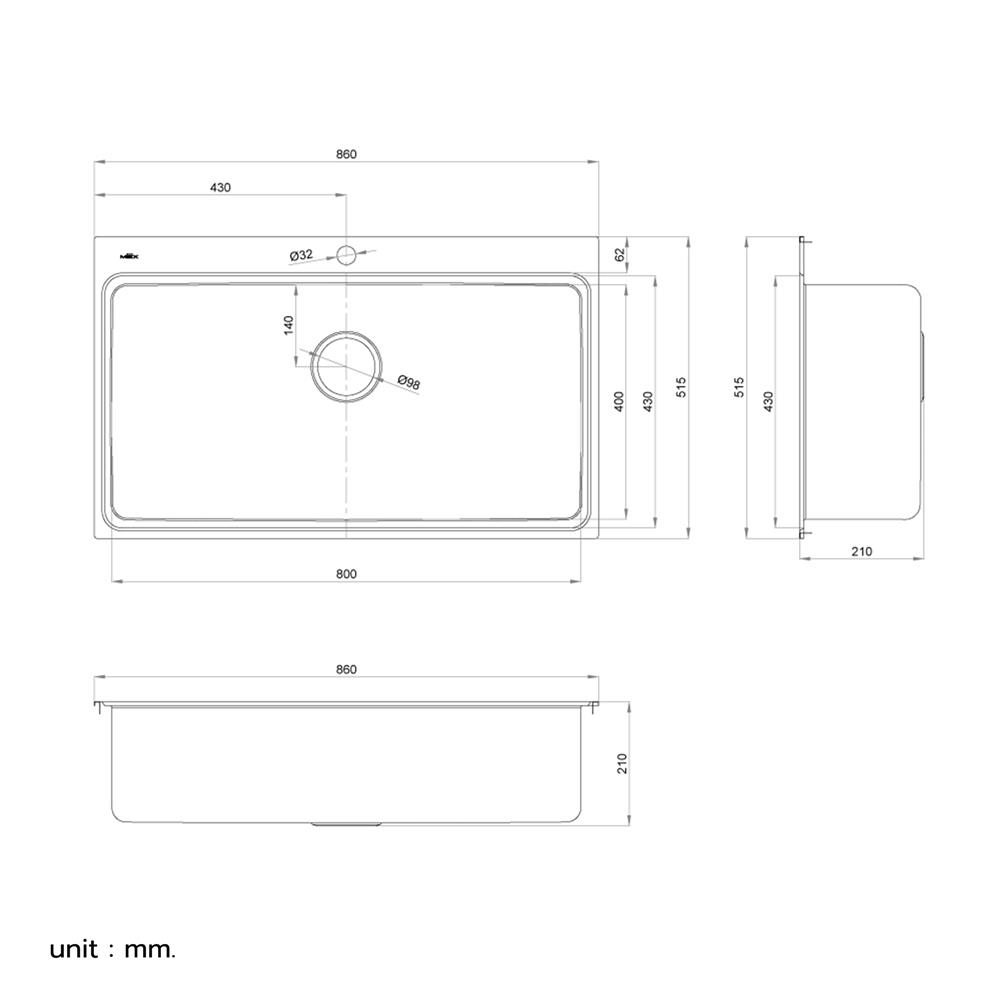 ซิงค์ฝัง 1 หลุม MEX BIX85BM-MF 86 ซม. สีเงิน