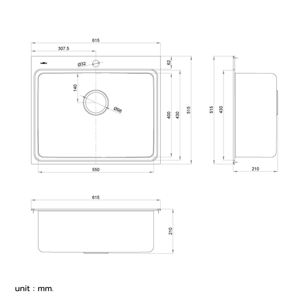 ซิงค์ฝัง 1 หลุม MEX BIX60BM-MF 61.5 ซม. สีเงิน