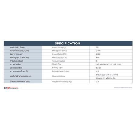 บล็อกกระแทกไร้สาย (พร้อมแบตเตอรี่) ROWEL DIW600RX-S 20 โวลต์_9
