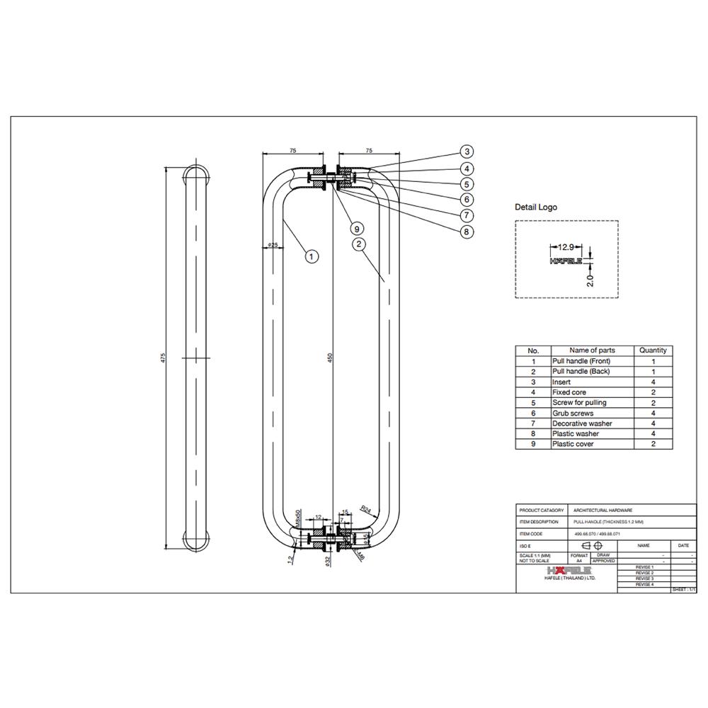 มือจับดึงประตู HAFELE 499.68.070 19 นิ้ว สเตนเลส