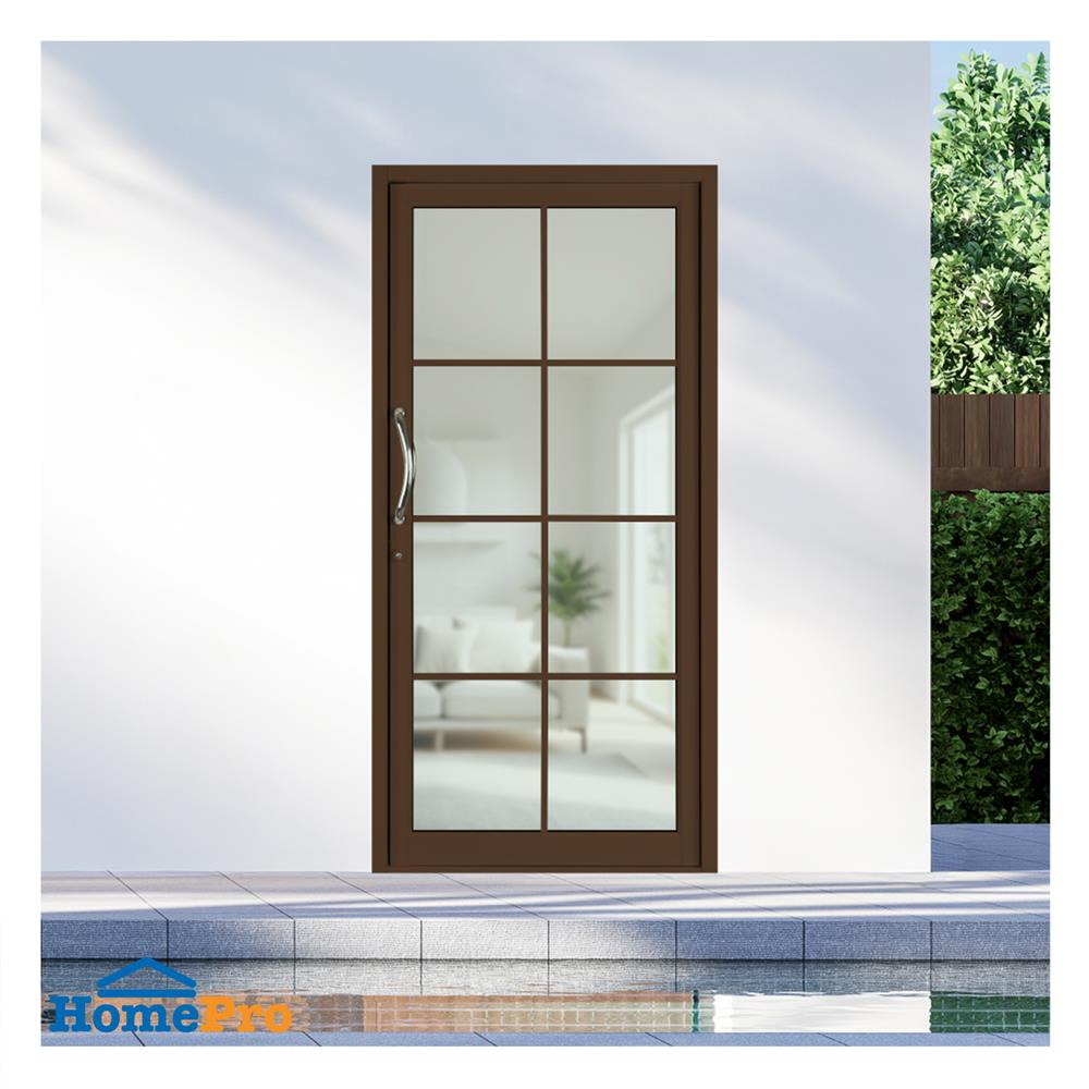 ประตูบานสวิงเดี่ยว อะลูมิเนียม 8 ฟัก KPA 100x205 ซม. สีชา