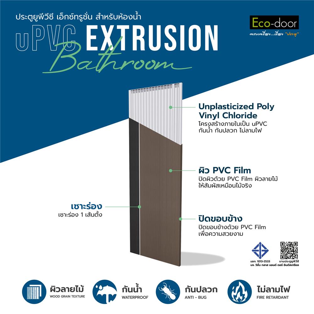 ประตูห้องน้ำ UPVC ไม่เจาะลูกบิด ECO-DOOR PC1 70x180 ซม. สีโอ๊ค ทูโทน