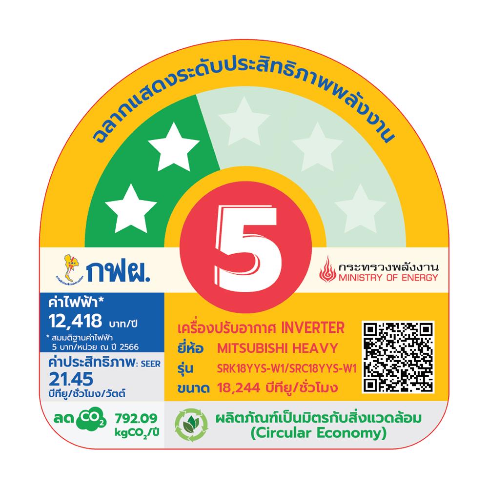 แอร์ผนัง MITSUBISHI HEAVY DUTY SRK18YYS-W1/B 18244 บีทียู อินเวอร์เตอร์