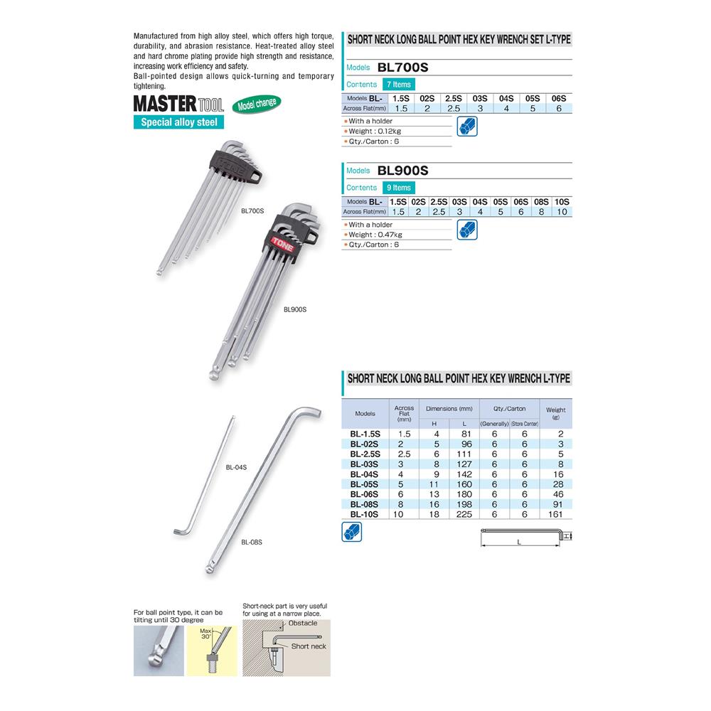 ชุดประแจหกเหลี่ยมหัวบอล TONE BL900S (ชุด 9 ชิ้น)