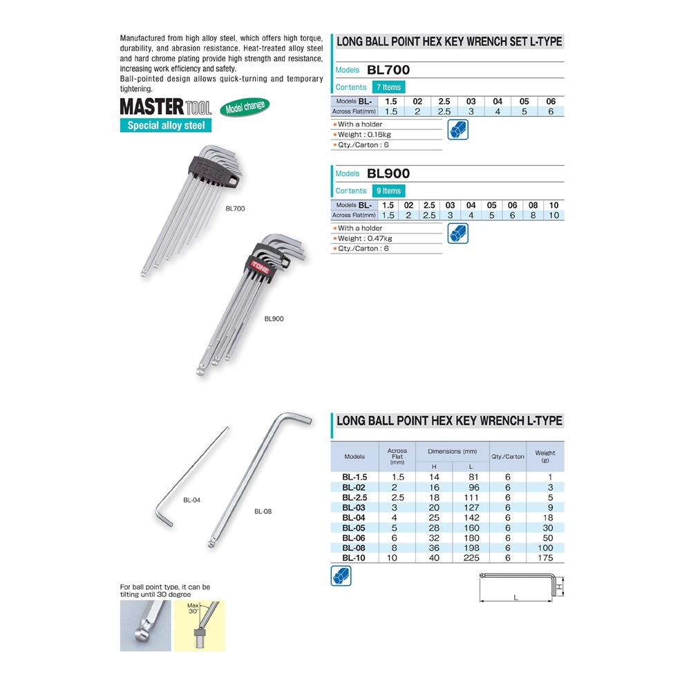 ชุดประแจหกเหลี่ยมหัวบอล TONE BL700 (ชุด 7 ชิ้น)