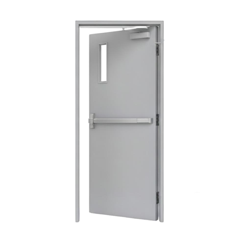 ชุดประตูเหล็กทนไฟ กระจก VECO 90x200 ซม. สีเทา (เปิดด้านขวา ออกด้านนอก)