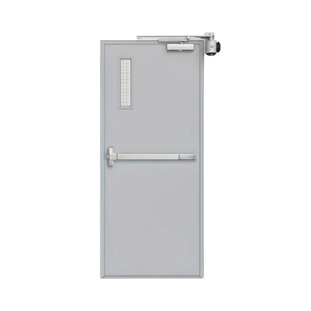 ชุดประตูเหล็กทนไฟ กระจกเสริมลวด VECO 90x200 ซม. สีเทา (เปิดด้านขวา ออกด้านนอก)