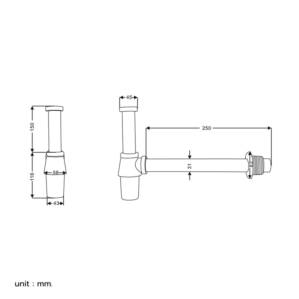ท่อน้ำทิ้งอ่างล้างหน้ากระปุก RASLAND RA T911-T15-25 25 ซม.
