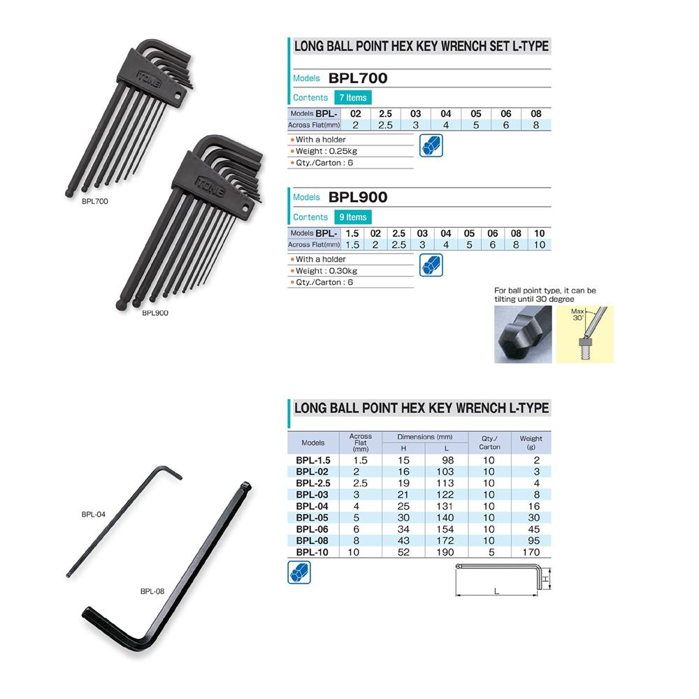 ประแจหกเหลี่ยมหัวบอล TONE BPL900 (ชุด 9 ชิ้น)