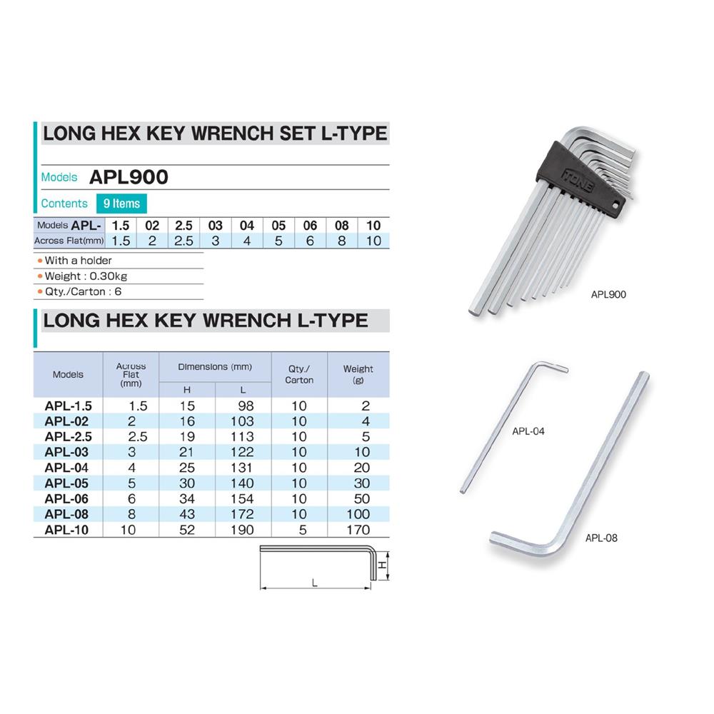 ชุดประแจหกเหลี่ยมตัว L TONE APL900 (ชุด 9 ชิ้น)
