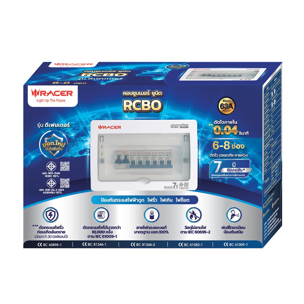 ชุดตู้คอนซูมเมอร์ยูนิต 6 ช่อง 63 แอมป์ พร้อมกันดูด RCBO RACER DEFENDER