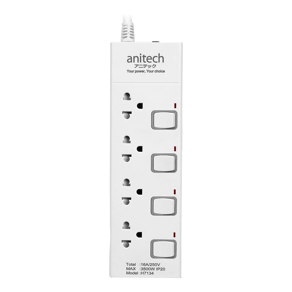 รางปลั๊กไฟ 4 ช่อง 4 สวิตช์ ANITECH H7134 16 แอมป์ 3 ม.