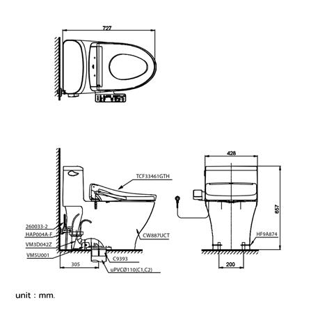 สุขภัณฑ์ 1 ชิ้น พร้อมฝารองนั่งกึ่งอัตโนมัติ TOTO WASHLET S2 (CW887SW2) 4.8 ลิตร สีขาว_2