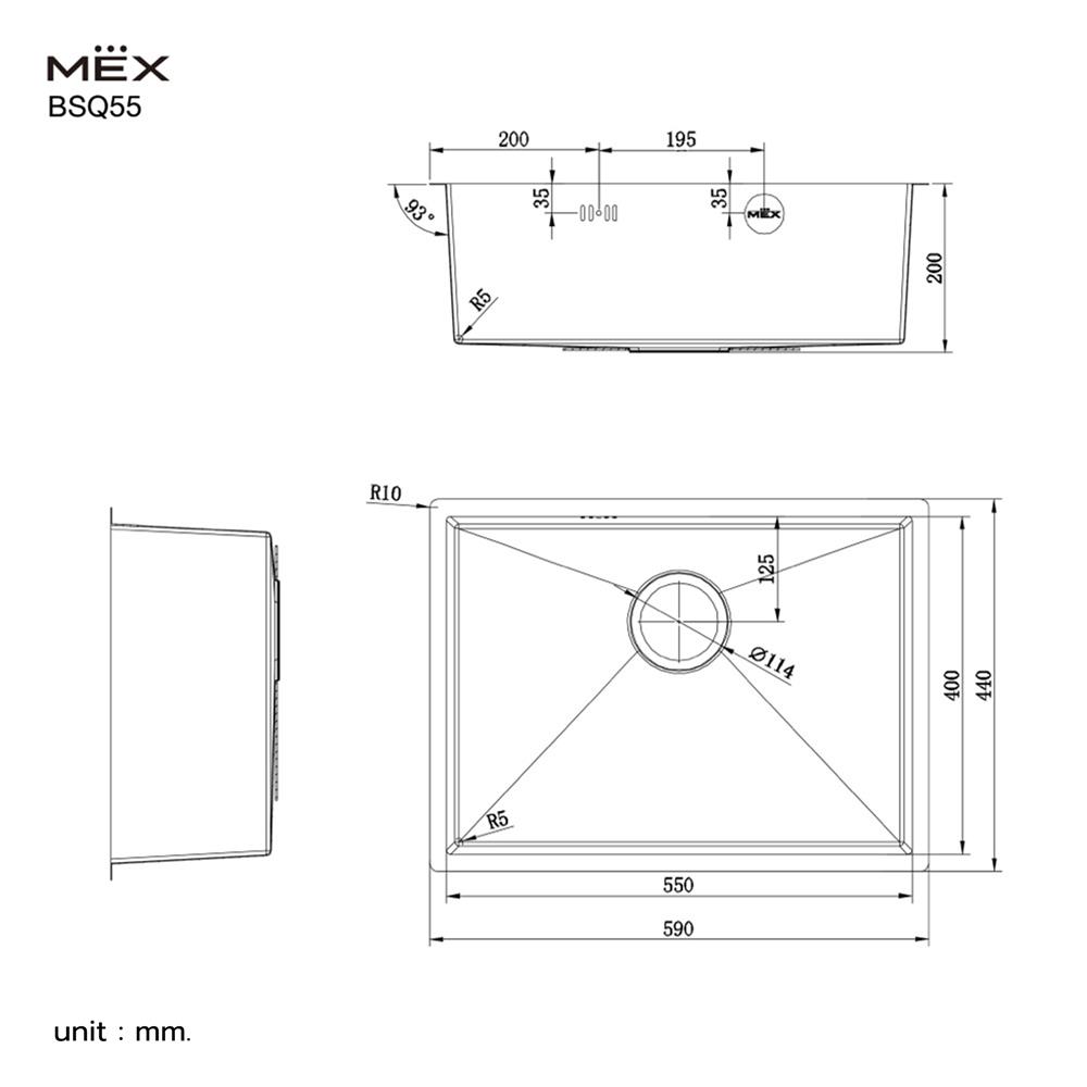 ซิงค์ฝัง 1 หลุม MEX BSQ55 59 ซม. สีเงิน