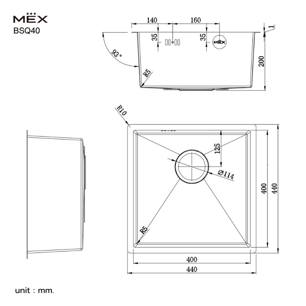 ซิงค์ฝัง 1 หลุม MEX BSQ40 44 ซม. สีเงิน