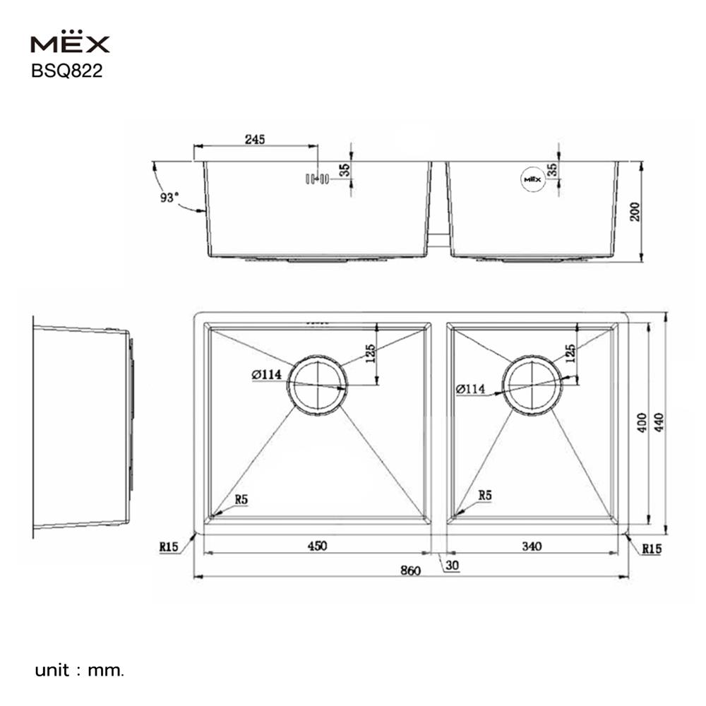ซิงค์ฝัง 2 หลุม MEX BSQ822 86 ซม. สีเงิน